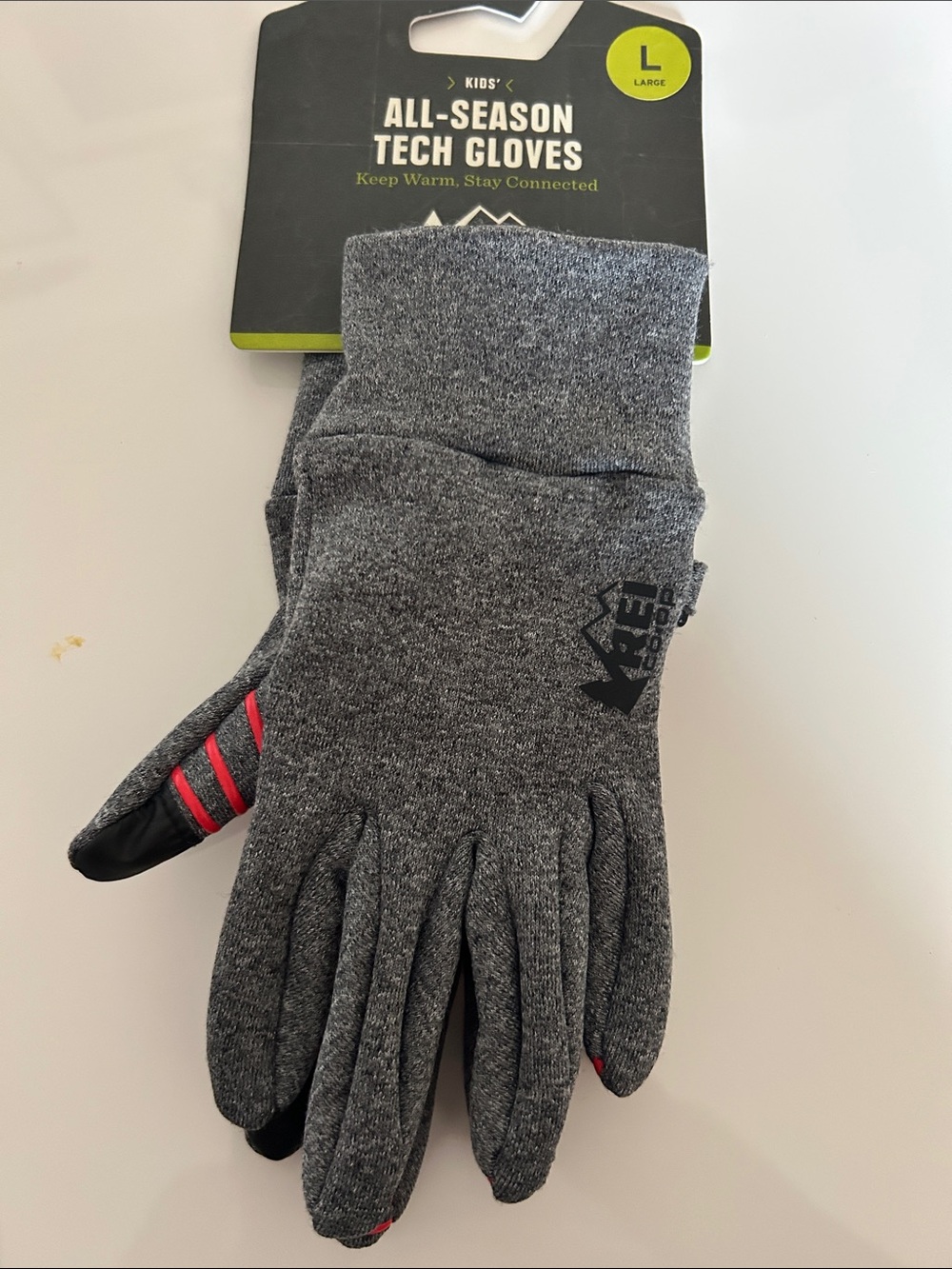 REI  kids Gray Knit All-Season Tech Gloves with Red Stripe Accents